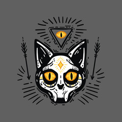 Occult cat skull with an eye of providence. Vector graphics. Gothic print.