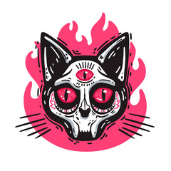 Occult cat skull with a third eye and fire. Cartoon vector illustration isolated on white. Gothic cute print.
