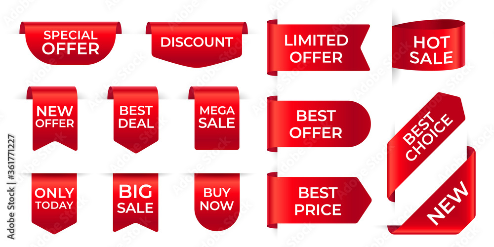 Wall mural red ribbon labels. shopping exclusive stickers and big sale tag, new offer, discount. silk scarlet p