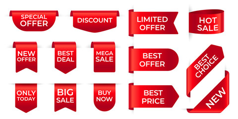 Red ribbon labels. Shopping exclusive stickers and big sale tag, new offer, discount. Silk scarlet promotional event banners vector template. Best deal, buy now bookmarks isolated on white