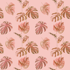 Watercolor illustration seamless pattern of tropical leaf monstera. Perfect as background texture, wrapping paper, textile or wallpaper design. Hand drawn