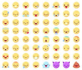 Flat emoticon emoji. Happy smiling yellow faces, angry and sad, joy and cry, facial expressions. Ghost, devil and shit vector icons set. Reaction for communication or chat in social network