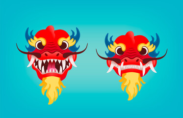 Red dragon head with open and closed jaws. Chinese and Japanese traditional symbol used during holidays. Vector cute cartoon illustration.