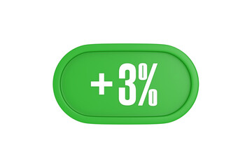 3 Percent increase 3d sign in green color isolated on white background, 3d illustration.