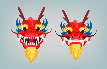 Red oriental dragon head with horns and a beard in flame. Vector flat illustration in cartoon style.