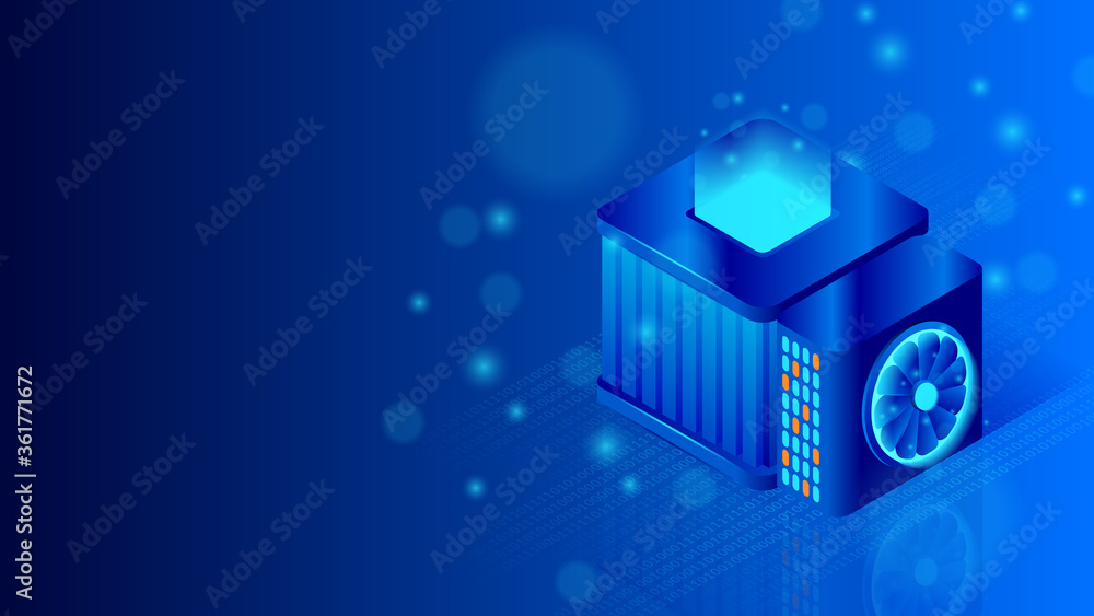 Poster supercomputer server room. big data processing, data search concept. isometric vector illustration