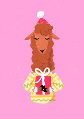 Cute alpaca or llama in a sweater holding a gift. Christmas vector illustration. 
