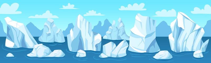 Seamless arctic landscape. Icebergs, snow mountains and hills antarctic drifting glacier, winter panorama, wallpaper vector illustration. Nature in north pole, ocean with melting ice cliff © Tartila