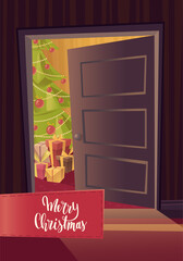 Christmas vector illustration. Opened door. Christmas tree and presents in the living room. Cartoon style.