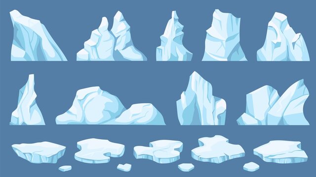 Cartoon arctic ice. Icebergs, blue floes and ice crystals. Icy cliff, cold frozen block of different shapes for game and decor vector set. Winter snowy hills and mountains elements