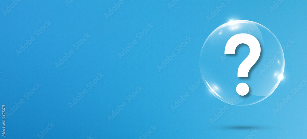 Poster glossy rounded button with question mark on blue background