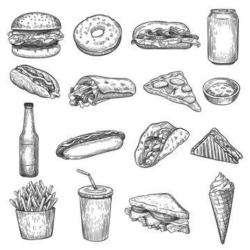 Fast food sketch. Pizza, donut and ice cream, french fries and hamburger. Taco, cola and hot dog, burrito and cheeseburger vector doodle set. Hand drawn junk food elements for fabric print