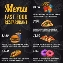 Fast food menu. Sketch price menu fast food restaurant or bistro. Burger and hotdog, snack and fries, pizza and donuts, vector template. Taco and hamburger with soda can or cola drink - obrazy, fototapety, plakaty