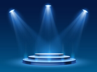 Scene podium with blue light. Stage platform with lighting for award ceremony, illuminated pedestal for presentation shows, vector image. Platform with steps and floodlight, searchlight with projector - obrazy, fototapety, plakaty