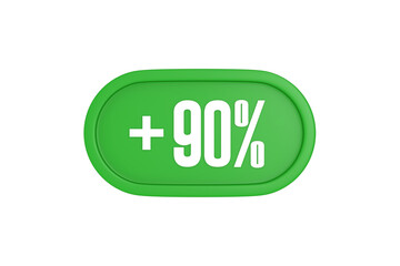 90 Percent increase 3d sign in green color isolated on white background, 3d illustration.