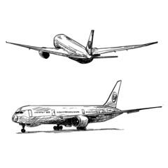 Drawing of the airplane landing at the airport 