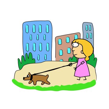 Girl and dog on a walk. Park near the house, green grass. Fun color image, hand drawing illustration modern