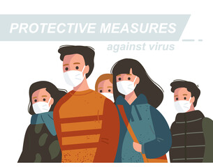 Coronavirus 2019-nCoV. Coronavirus. Group of people standing in face masks during Coronavirus pandemic. Health care. Viral infection protection. Influenza pandemic. Flu outbreak.
