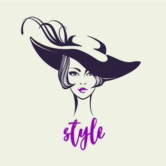 Beautiful woman with retro, wavy hairstyle and elegant makeup.Cute portrait.Fashion icon.Young lady wearing a stylish hat.Front view face silhouette.Decorative elements.