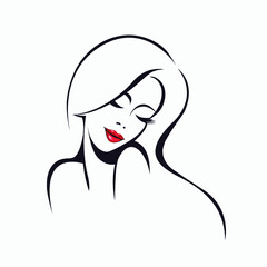 Beauty salon and hair studio logo.Beautiful woman with long, wavy hairstyle and elegant makeup.Cute portrait.Cosmetics and spa icon.Red lipstick.Young lady face.