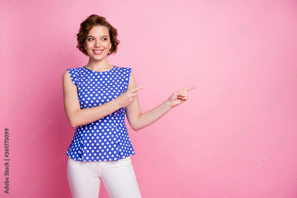 Canvas Prints Portrait of her she nice attractive lovely pretty cheerful cheery confident glad brown-haired girl showing copy space ad like follow subscribe isolated over pink pastel color background