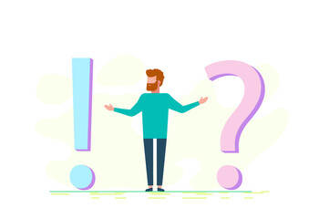 Concept illustration of frequently asked questions of exclamation marks and question marks, metaphor question answer. Man Ask Questions and receive Answers.