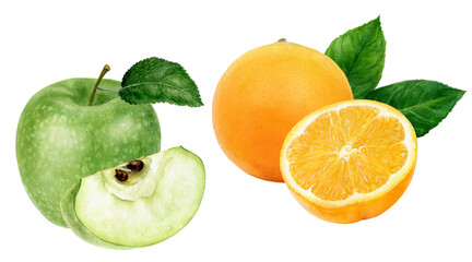 Green apple orange fruit watercolor illustration isolated on white background