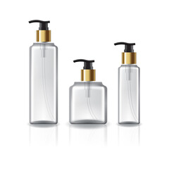 3 sizes of square cosmetic bottle with pump head and gold ring for beauty, healthy product. Isolated on white background with reflection shadow. Ready to use for package design. Vector illustration.