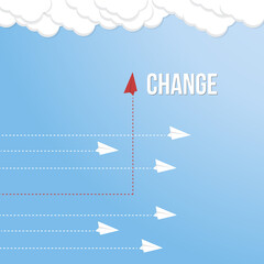 Think differently concept. Red airplane changing direction. New idea, change, trend, courage, creative solution, innovation and unique way concept.	