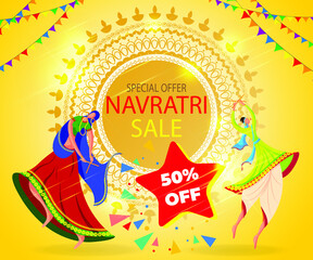 offer banner for Indian festival inveterate means navratein with man and woman performing Dandia dance in beautiful night backdrop