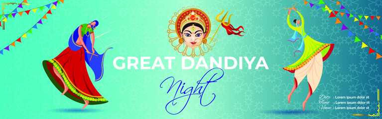 vector illustration for Dandia night means Dandiya night. illustration is showing man and woman performing Dandia dance with beautiful night backdrop.
