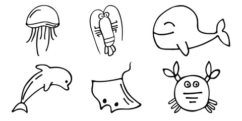 Icons of marine inhabitants. Black and white. Marine theme. Line style. Vector illustration