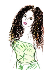Figure of a girl in a green dress with long curly hair