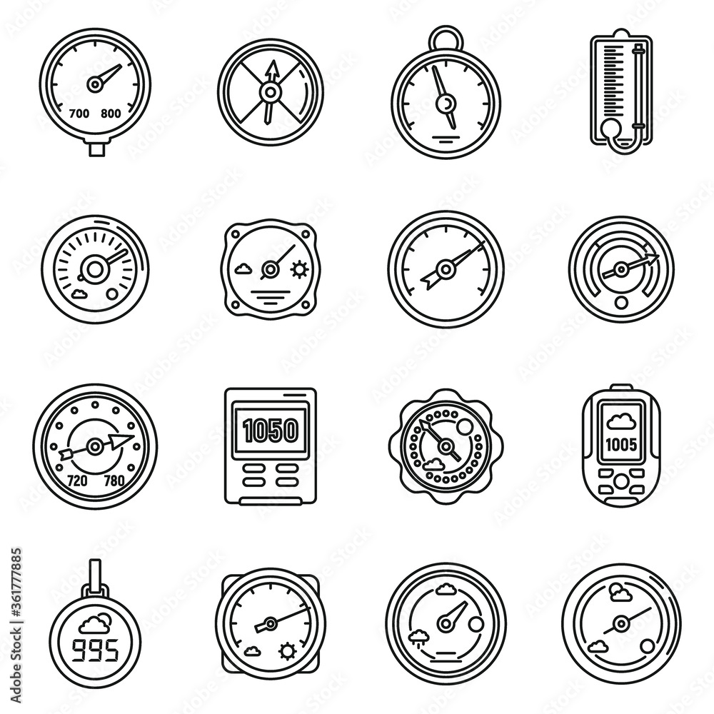 Poster barometer control icons set. outline set of barometer control vector icons for web design isolated o