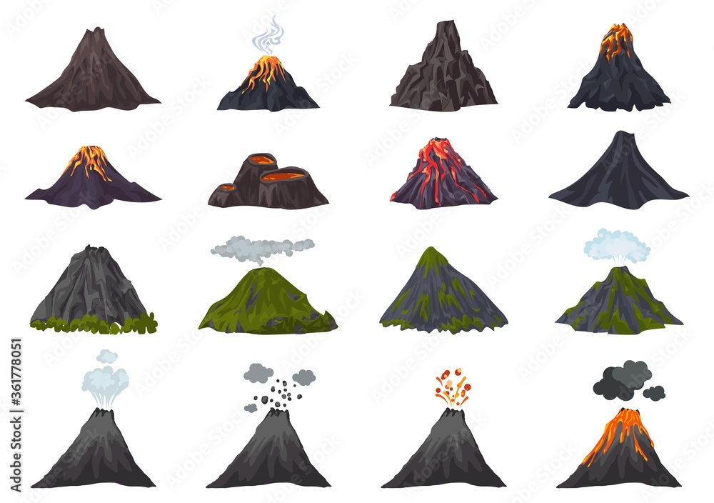 Poster volcano icons set. cartoon set of volcano vector icons for web design
