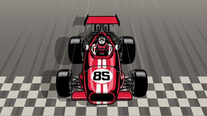 old vintage formula car driving fast passing the finish line