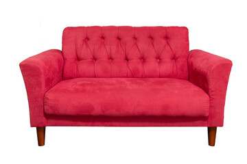 Red couch, sofa isolated on black background. Classic design furniture of leather, fabric buttoned quilted upholstery, modern dwelling interior design element, object.