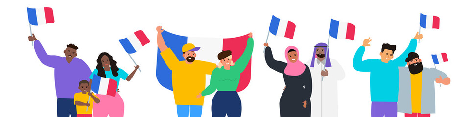 multiracial people holding french flags happy bastille day france independence  vector illustration on white background