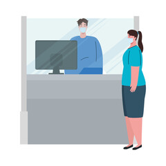 social distancing, keep distance, man worker in attending of woman, protect from coronavirus covid 19 vector illustration design