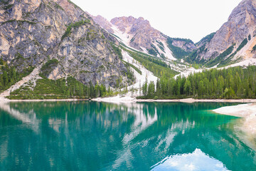 Fototapeta na wymiar View of Lago di Braies. Dolomites mountains, Italy, Europe.