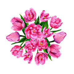 Watercolor composition of pink tulips. Buds, flowers and leaves. Bouquet in a circle. Flowers isolated on a white background.
