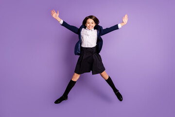 Full length body size view of her she lovely pretty cheerful cheery small little long-haired girl...