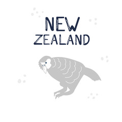 Wildlife, zoo bird isolated cartoon clipart. New Zealand wild fauna doodle drawing on white background with flowers. Bird with black lettering.