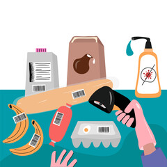 Supermarket during a pandemic. Safety requirements for stores during a pandemic. A seller in gloves punch products at the checkout. Nice vector flat illustration in cartoon style and in trendy colors.