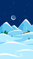Obraz premium illustration of night Christmas snowy landscape with mountain and moon, stars