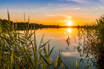 Scenic view at beautiful spring sunset with reflection on a shiny lake with green reeds, grass, golden sun rays, calm water ,deep blue cloudy sky and glow on a background, spring evening landscape
