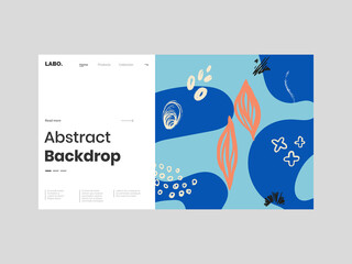 Abstract homepage illustration. Colorful lines, fluid spots, dots, paint strokes. Decorative chaotic background, backdrop. Hand drawn texture, different shapes and textures. Eps10 vector.