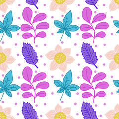 Colorful flowers and leaf seamless repeat pattern background.  Illustrators drawing. 