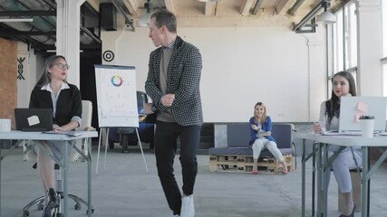 Manager in the office is dancing a skibidi dance. Employees join the dance and give the man red balls. Fun and festive atmosphere in the office.