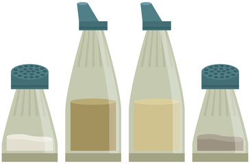 Salt, pepper, oil and vinegar. Retro style illustration of a cruet set to dress the salad.